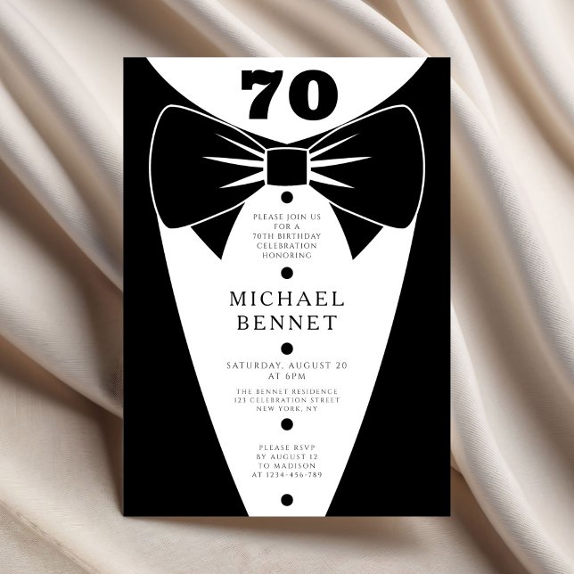 Invitation Tuxedo Noir Élégant 70e Anniversaire (Elegant Black Tuxedo 70th Birthday Invitation
)