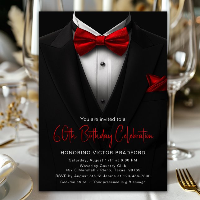 Invitation Tuxedo Noir Rouge Anniversaire Hommes Tout Nombre (Tuxedo and red tie any number birthday and event invitation. Simply add your event details.)