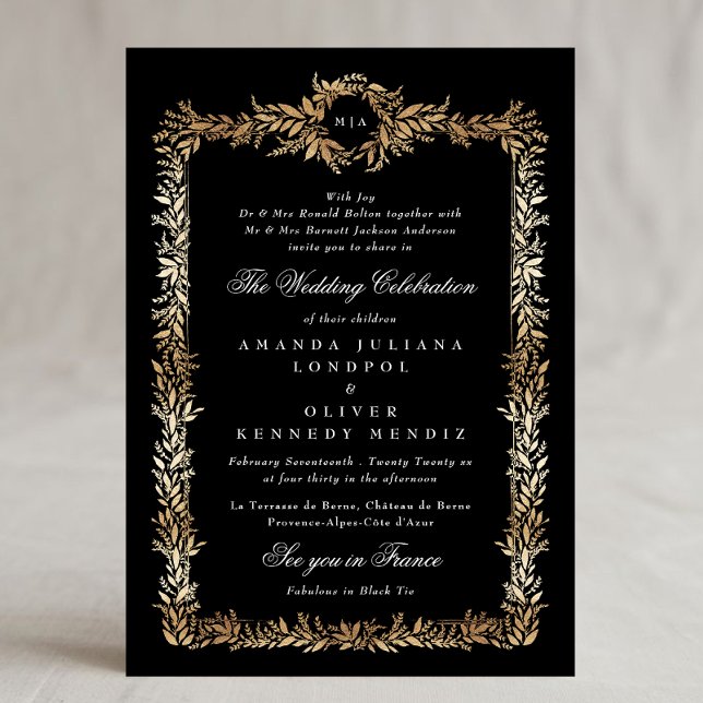 Invitation tuxedo or cadre botanique mariage monogramme (Créateur téléchargé)
