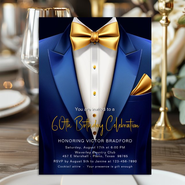 Invitation Tuxedo Or Royal Blue Gold Anniversaire Nombre Évén (Any number birthday and event invitation featuring a classy blue and gold tuxedo suit design.)