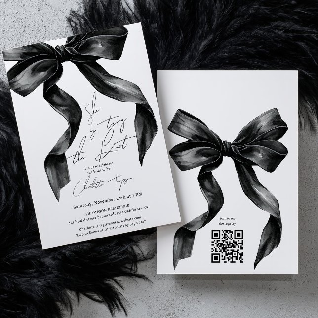 Invitation Tuyau de nouage Noir Coquette Bow Fête des mariées (Tying Knot Black Coquette Bow Bridal Shower QR Invitation)