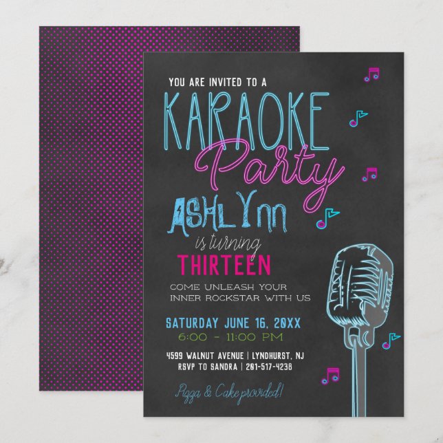 Invitation Tween/Ado Karaoke fête d'anniversaire (Devant / Derrière)