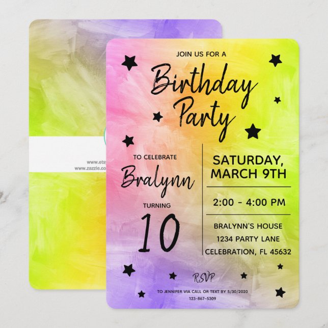 Invitation Tween Fille Anniversaire Fête Design aquarelle (Devant / Derrière)