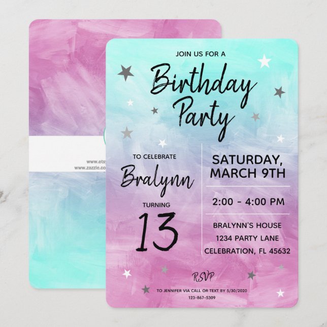 Invitation Tween Fille Anniversaire Fête Design aquarelle (Devant / Derrière)