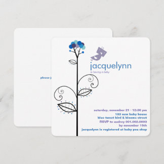 Invitation Tweeter Oiseau Bleu Fleur Points Arbre Baby shower