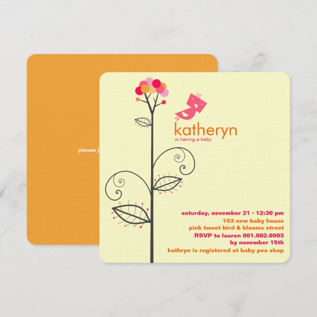 Invitation Tweeter Oiseau rose Fleur Points Arbre Baby shower (Devant / Derrière)