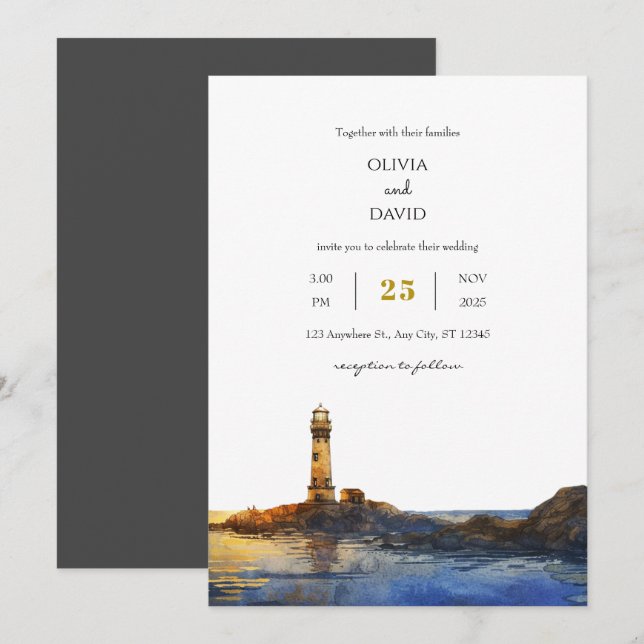 Invitation Twilight Rocky Lighthouse Watercolor Beach Mariage (Devant / Derrière)