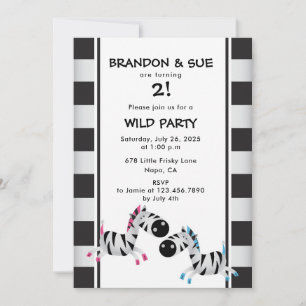 Invitation Twin Anniversaire fête rose et bleu Zebras