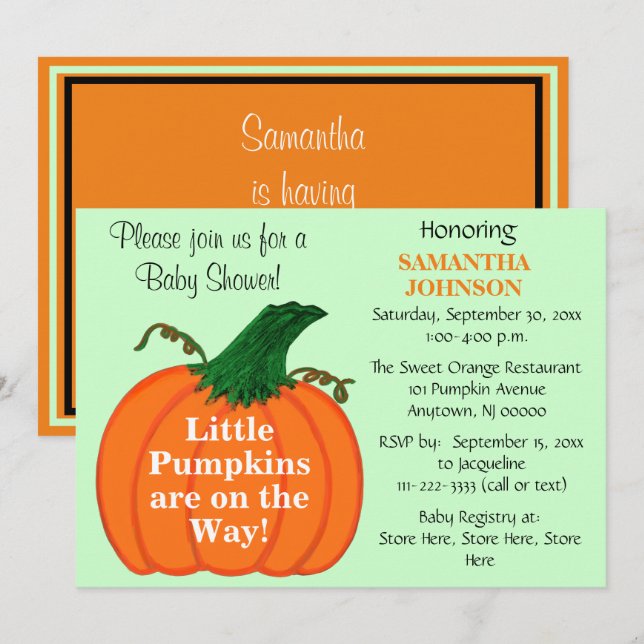 Invitation Twin Babies Orange Baby shower Citrouille (Devant / Derrière)
