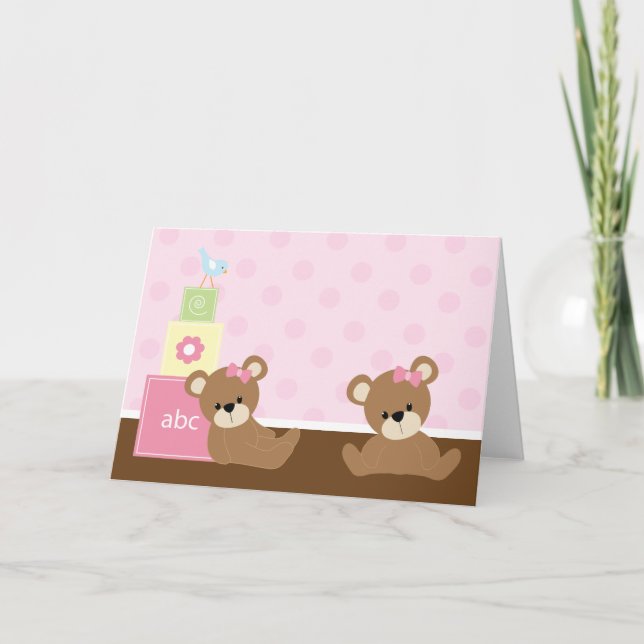 Invitation Twin Baby Bears Girl Baby shower (Devant)