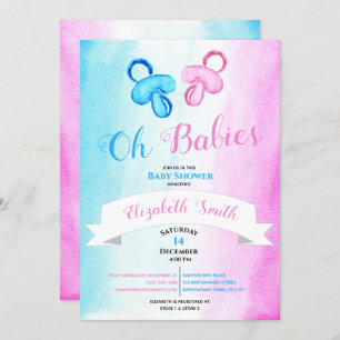 Invitation Twin baby boy and girl water color baby shower