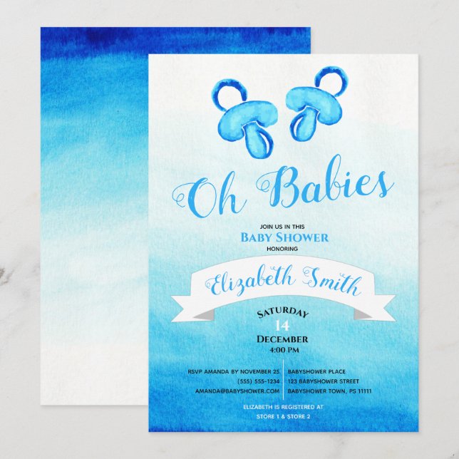 Invitation Twin baby boy water colo baby shower (Devant / Derrière)