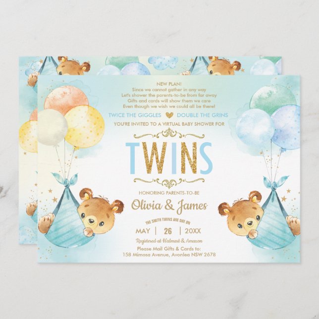 Invitation Twin Baby Boys Baby shower Nounours par la poste (Devant / Derrière)