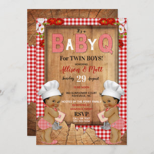 Invitation Twin Baby Boys Red En vichy Wood Baby Q Barbecue