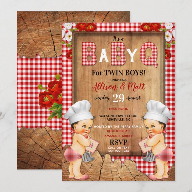Invitation Twin Baby Boys Red En vichy Wood Baby Q Barbecue (Devant / Derrière)