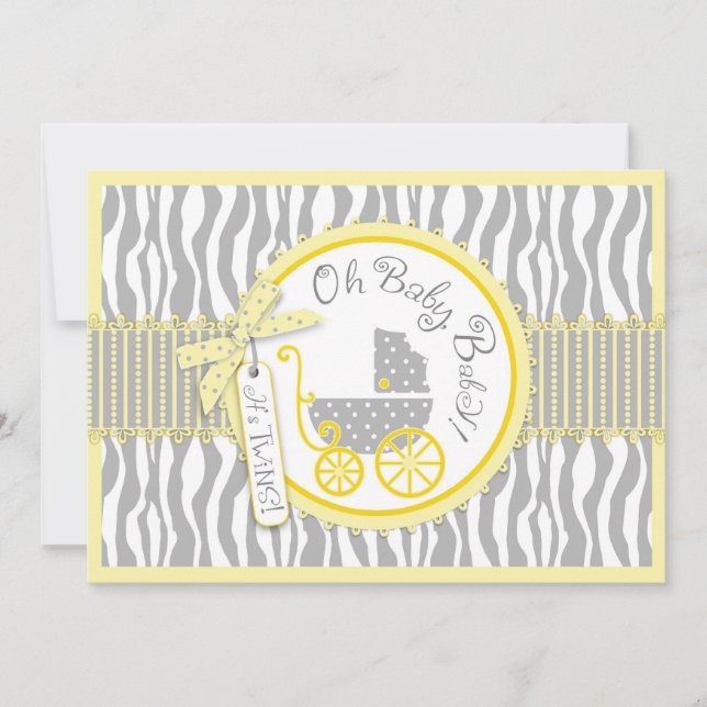 Invitation TWIN Baby Carriage, Zebra Print Yellow Baby shower (Devant)