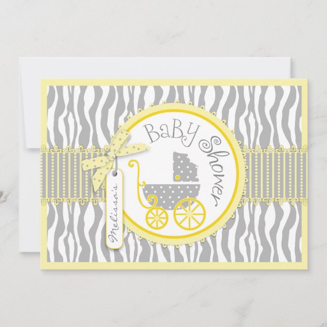 Invitation TWIN Baby Carriage, Zebra Print Yellow Baby shower (Devant)