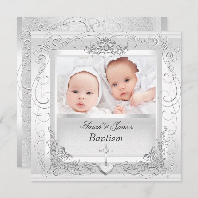 Invitation Twin Baby Girl Garçon Christening Baptême Blanc (Devant / Derrière)