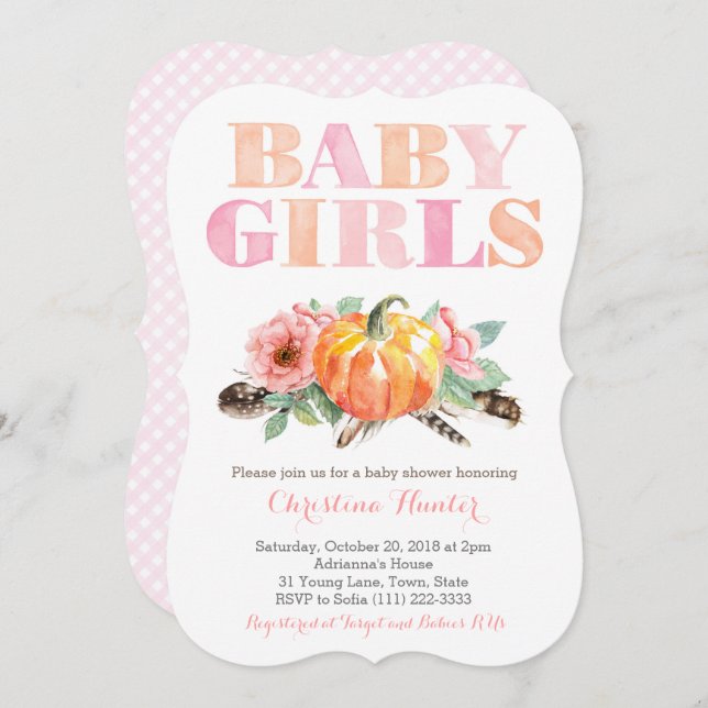 Invitation Twin Baby Girls Citrouille Free Spirit Baby shower (Devant / Derrière)
