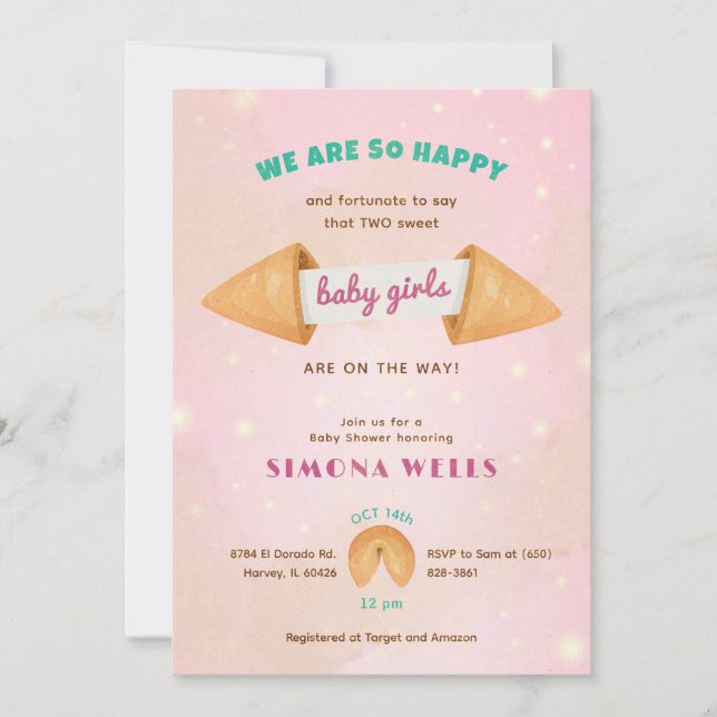 Invitation Twin Baby Girls Cute Douche Parsemer Colorful Chic (Devant)