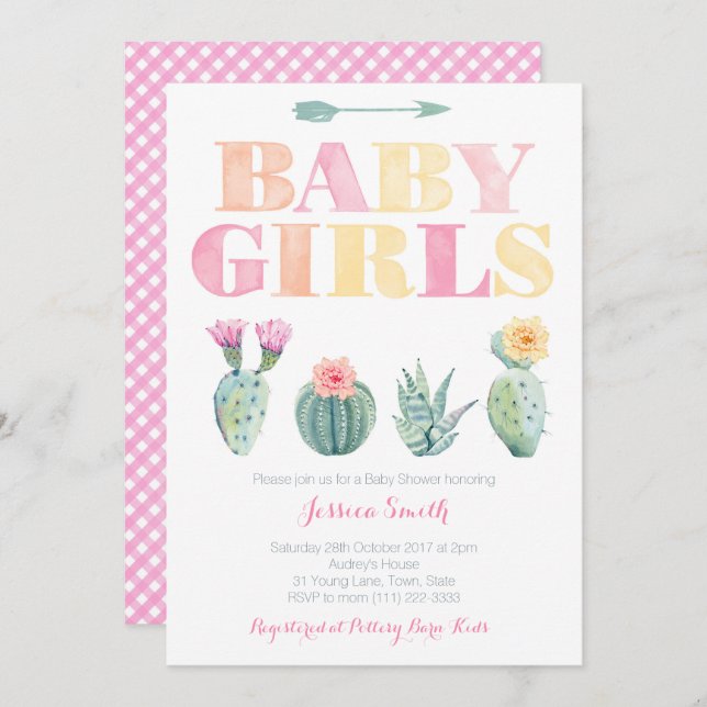 Invitation Twin Baby Girls Desert Cactus Baby shower (Devant / Derrière)