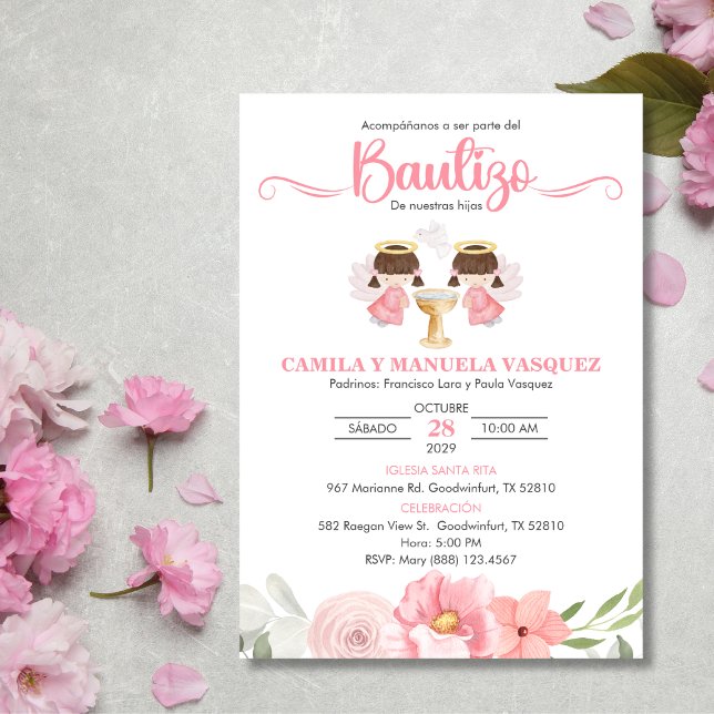 Invitation Twin Baby Girls Invitacion Bautizo Fleurs Baptême (Créateur téléchargé)