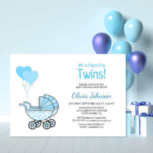 Invitation Twin Baby shower Blue Balloons et poussette