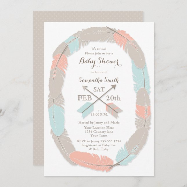 Invitation Twin Baby shower Boho Tribal Boy/Girl Twin (Devant / Derrière)