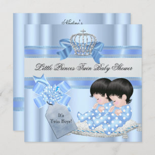 Invitation Twin Baby shower Boys Blue Little Prince Crown 3C