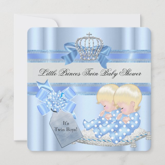 Invitation Twin Baby shower Boys Blue Little Prince Crown 3D (Devant)