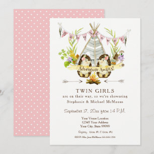 Invitation Twin Baby shower Woodland Animal Teepee Hedgehog