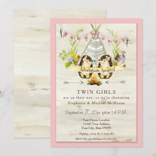 Invitation Twin Baby shower Woodland Animal Teepee Hedgehog