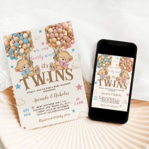 Invitation Twin Bears Boy Girl Stars & Balloons Baby shower