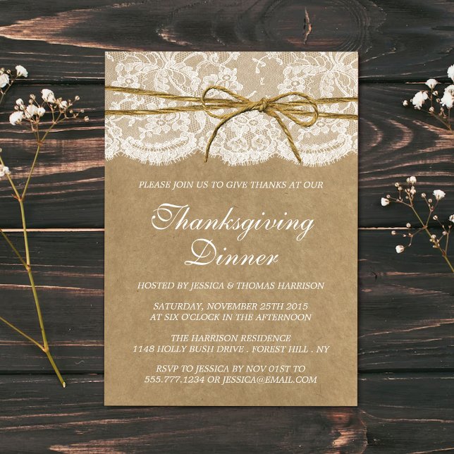 Invitation Twin Bow Sur Kraft & Lace Thanksgiving Dîner (Créateur téléchargé)