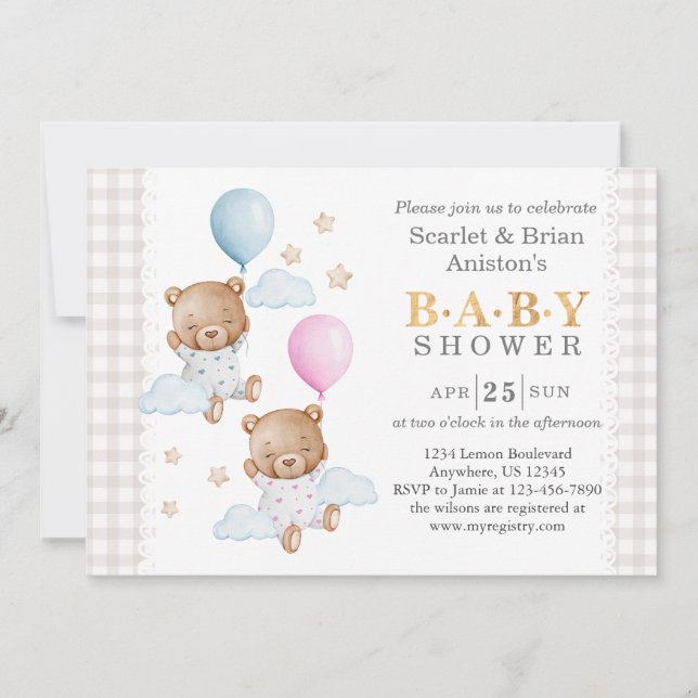 Invitation Twin Boy and Girl Rose Blue Baby Showet (Devant)