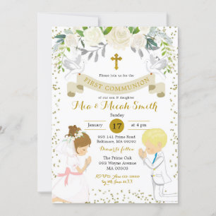 Invitation Twin Boy et Blonde Girl Kneeling Première communio