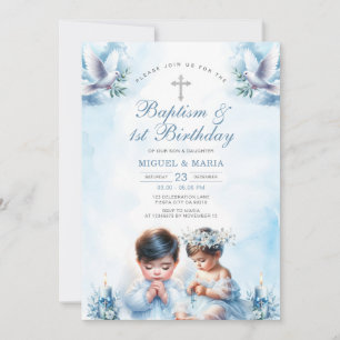 Invitation Twin Boy & Girl Baptism & 1er anniversaire Croix B