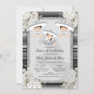 Invitation Twin Boy Girl Brown & Baptême blanc & 3ème anniver