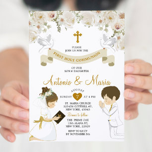 Invitation Twin Boy & Girl Praying Flowers 1ère Sainte Commun