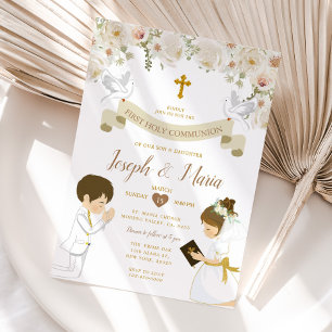 Invitation TWIN Boy Girl Priant la première sainte communion 