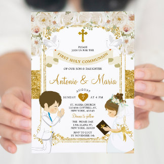 Invitation Twin Boy & Girl White Flower 1ère Sainte Communion