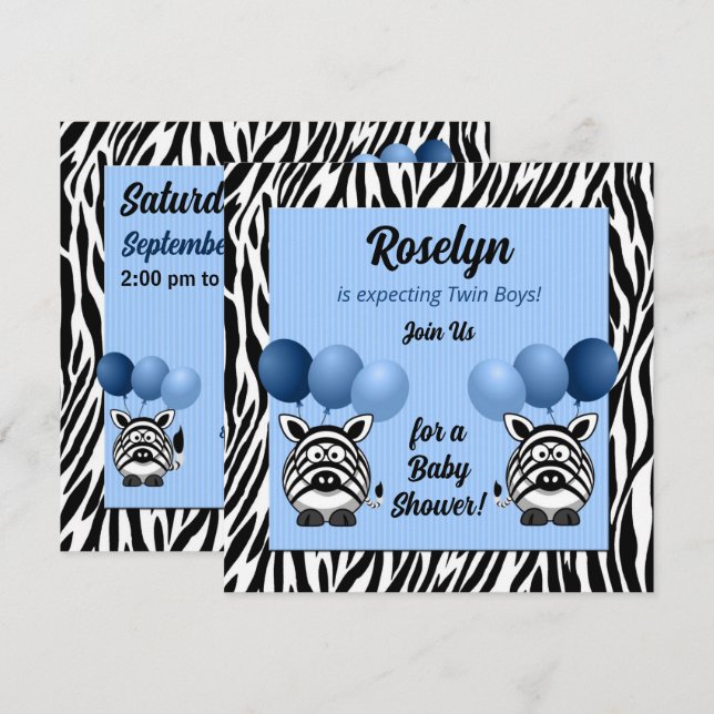 Invitation Twin Boy Zebra Print et Baby shower bleu (Devant / Derrière)
