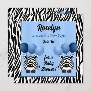 Invitation Twin Boy Zebra Print et Baby shower bleu