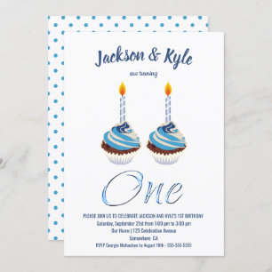Invitation Twin Boys 1er anniversaire Blue Cupcake Party