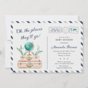 Invitation Twin Boys Airline Travel Baby shower Suitcase Chic