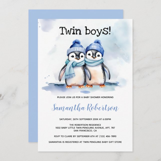 Invitation Twin Boys Aquarelle Bleu Baby shower d'hiver (Devant / Derrière)