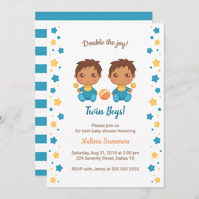 Invitation Twin Boys Baby shower 2 (Devant / Derrière)