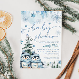 Invitation Twin Boys Baby shower Winter Penguin Blue