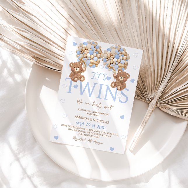 Invitation Twin Boys Blue Bear Balloon Baby shower (Créateur téléchargé)