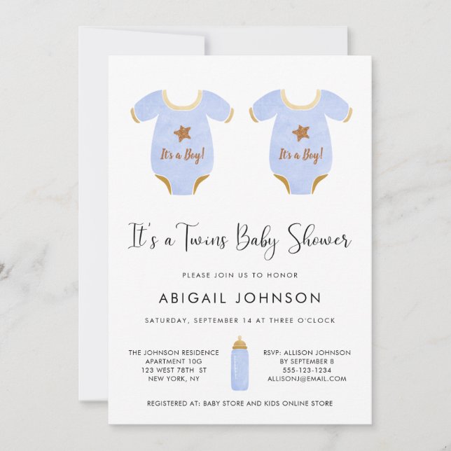 Invitation Twin Boys Blue Gold Aquarelle Baby shower rétro (Devant)